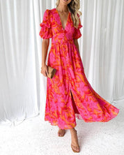 Maxi dress for women with floral pattern, puff sleeves, V-neck and slit