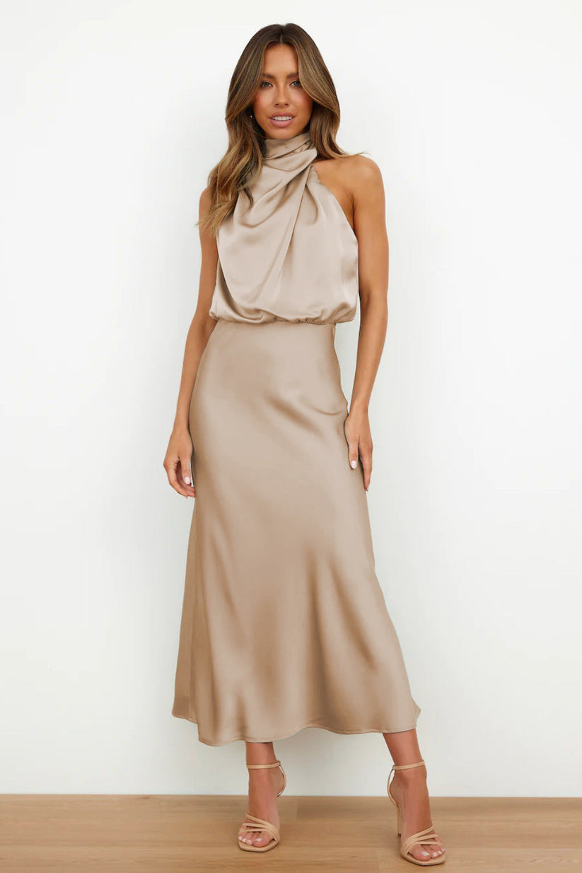 Women's sleeveless satin maxi dress with halter neckline