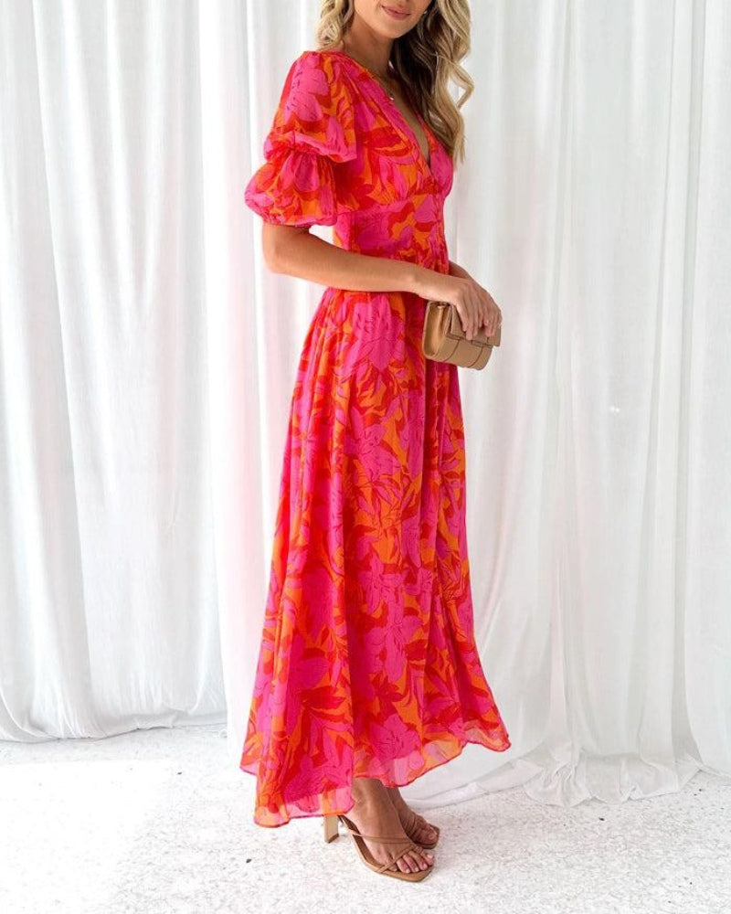Maxi dress for women with floral pattern, puff sleeves, V-neck and slit