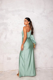 Satin maxi dress for women with one strap and high side slit