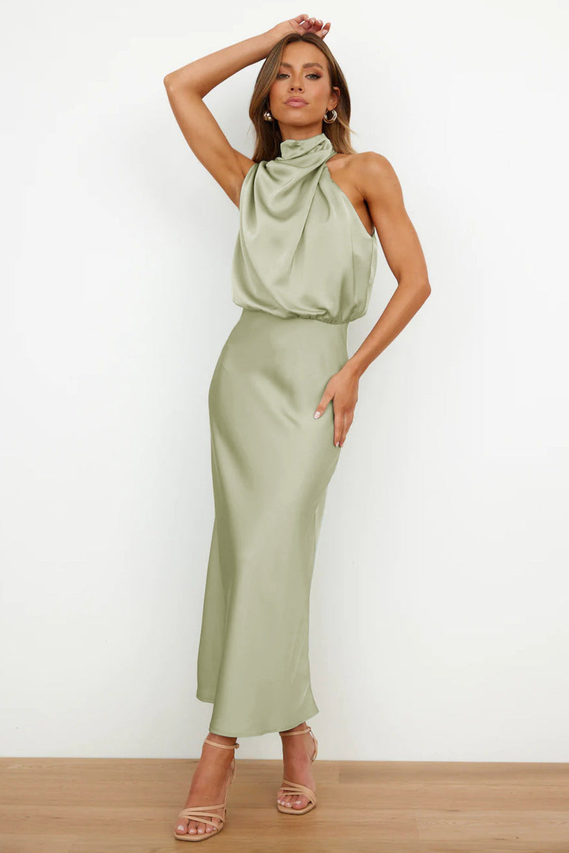 Women's sleeveless satin maxi dress with halter neckline