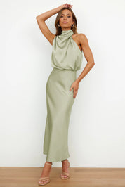 Women's sleeveless satin maxi dress with halter neckline