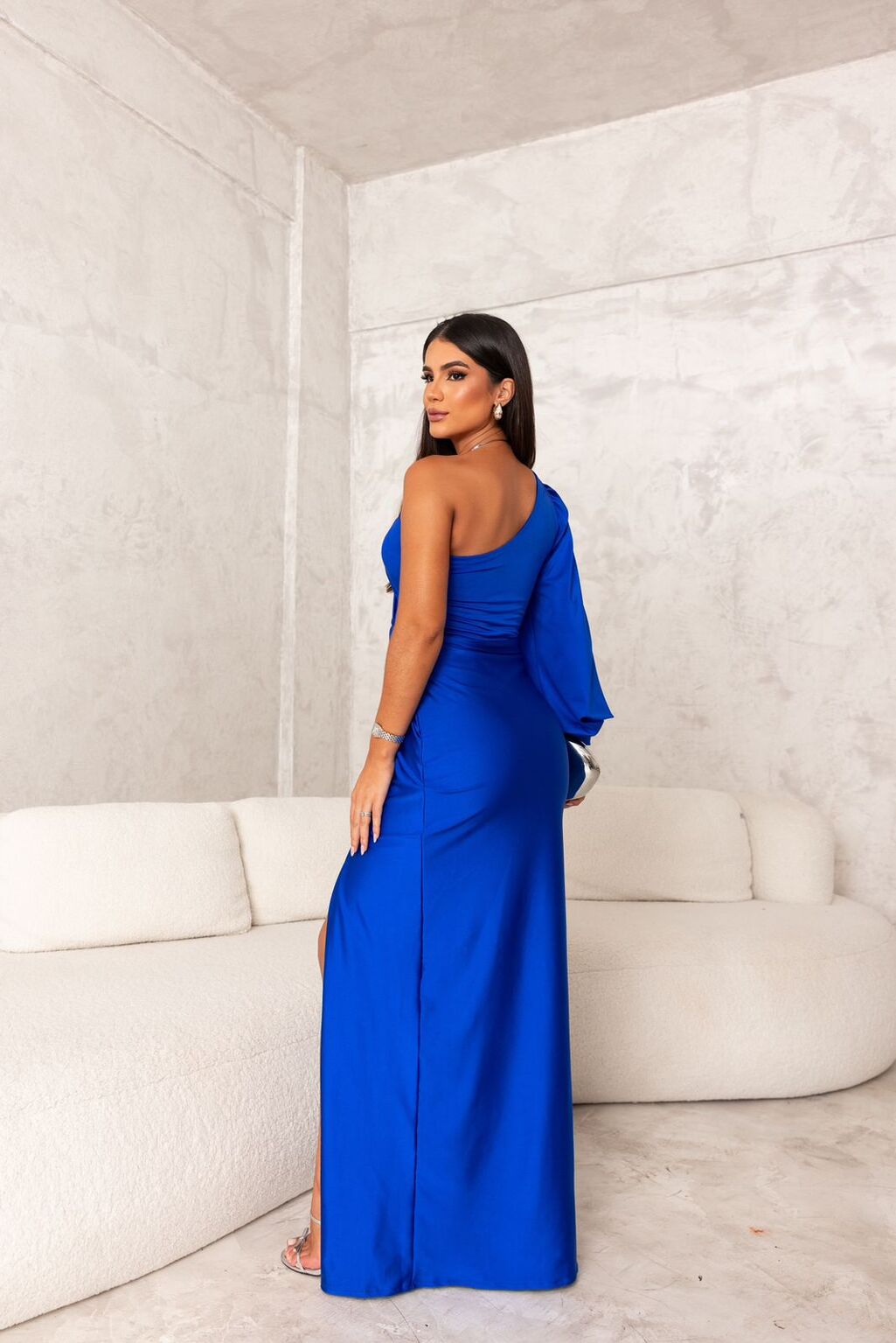 Satin maxi dress for women with one strap and high side slit