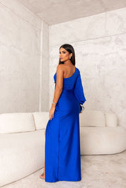 Satin maxi dress for women with one strap and high side slit