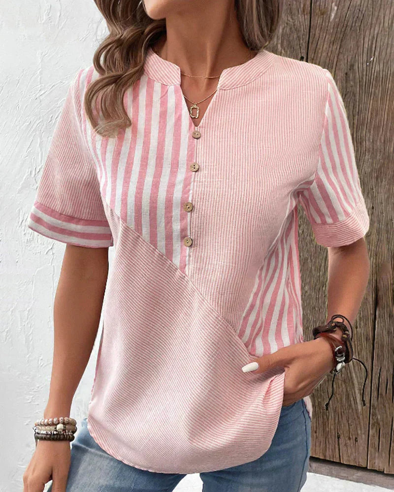 Striped short-sleeved cotton blouse for women with a stand-up collar
