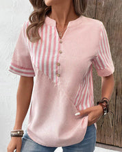 Striped short-sleeved cotton blouse for women with a stand-up collar