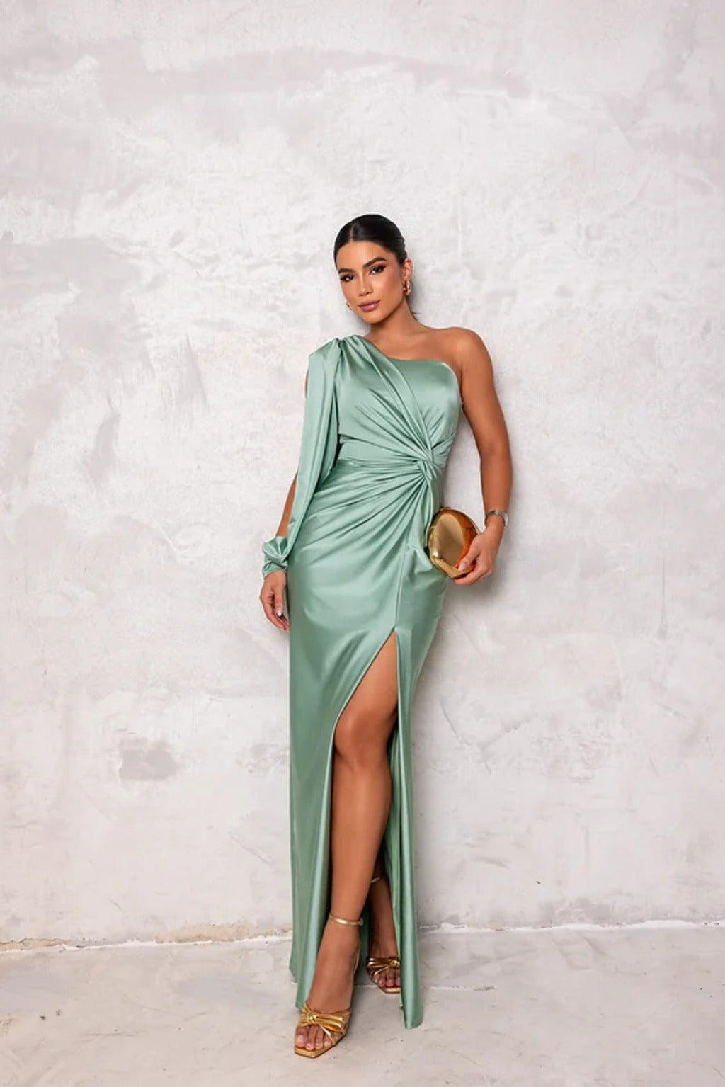 Satin maxi dress for women with one strap and high side slit