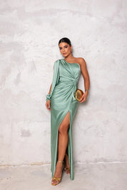 Satin maxi dress for women with one strap and high side slit