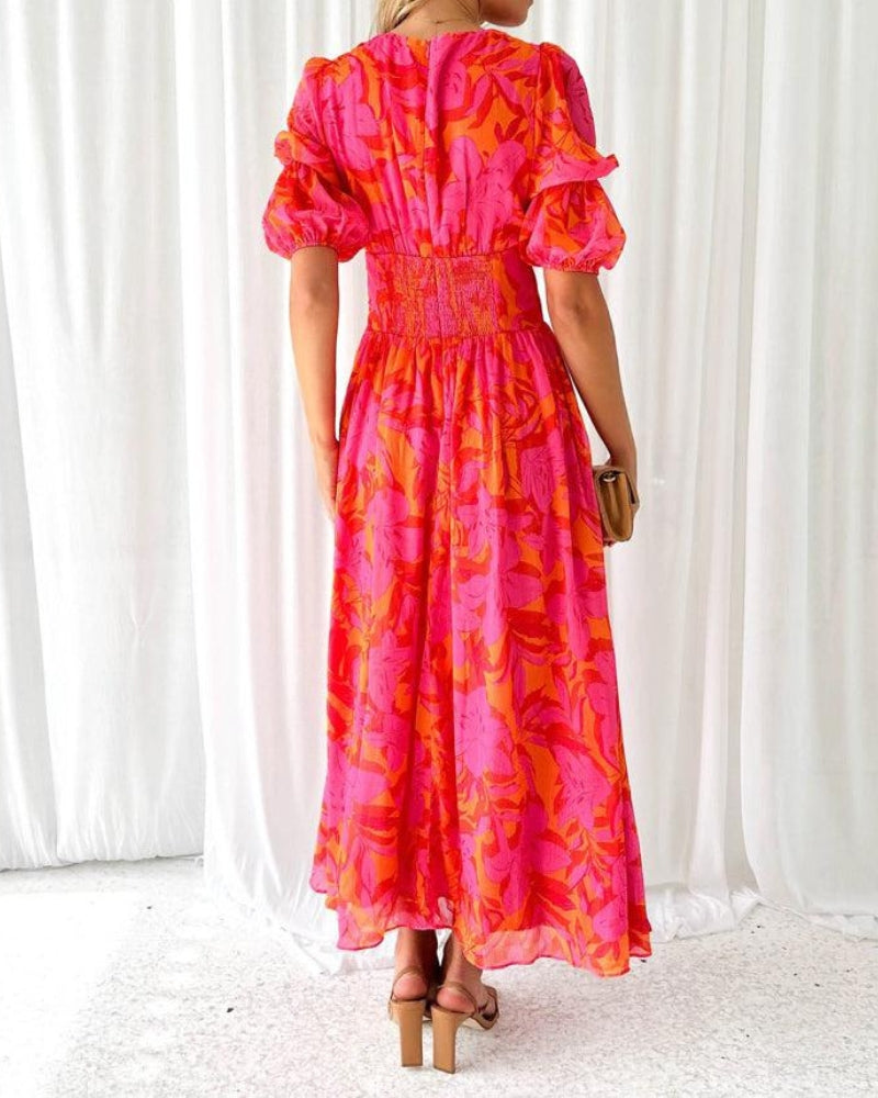 Maxi dress for women with floral pattern, puff sleeves, V-neck and slit