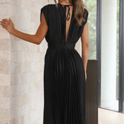 Pleated chiffon midi dress for women with a deep V-neck