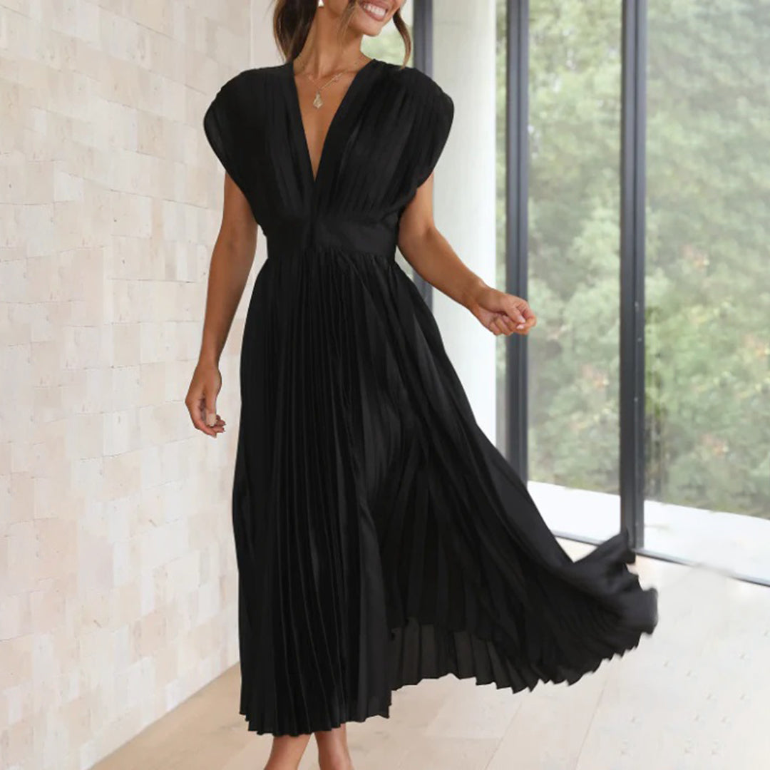 Pleated chiffon midi dress for women with a deep V-neck