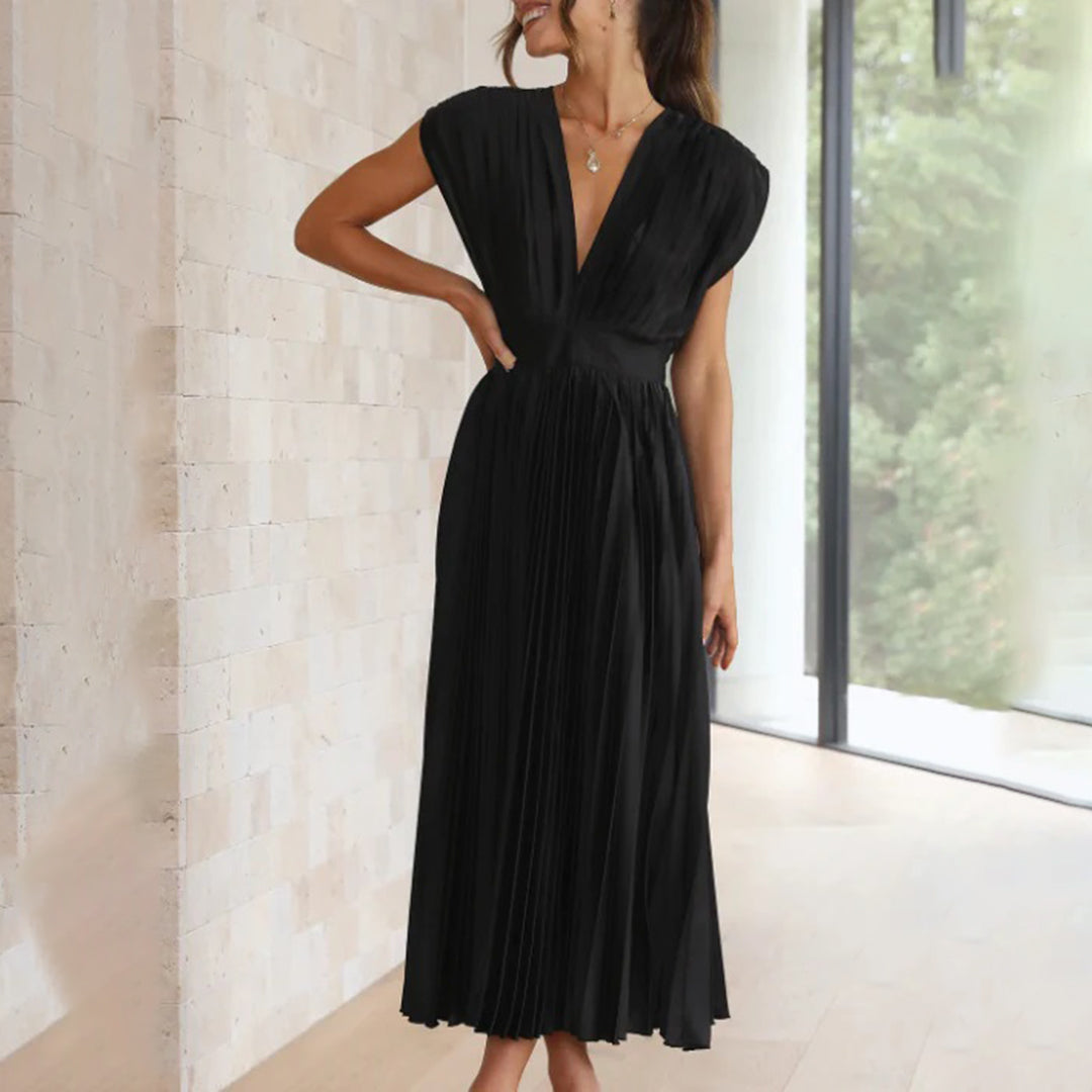 Pleated chiffon midi dress for women with a deep V-neck