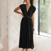 Pleated chiffon midi dress for women with a deep V-neck
