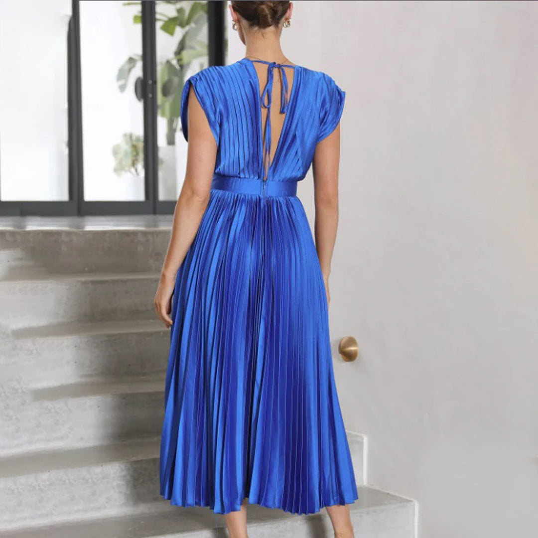 Pleated chiffon midi dress for women with a deep V-neck