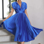 Pleated chiffon midi dress for women with a deep V-neck