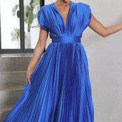 Pleated chiffon midi dress for women with a deep V-neck