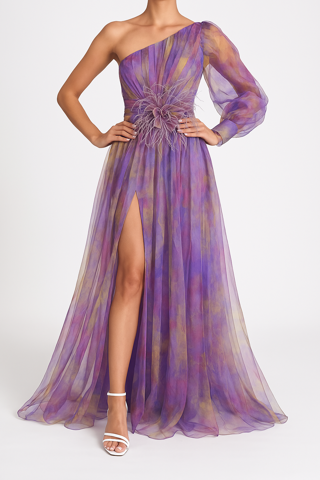 One-shoulder chiffon maxi dress for women with floral overlay