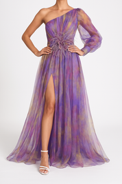 One-shoulder chiffon maxi dress for women with floral overlay