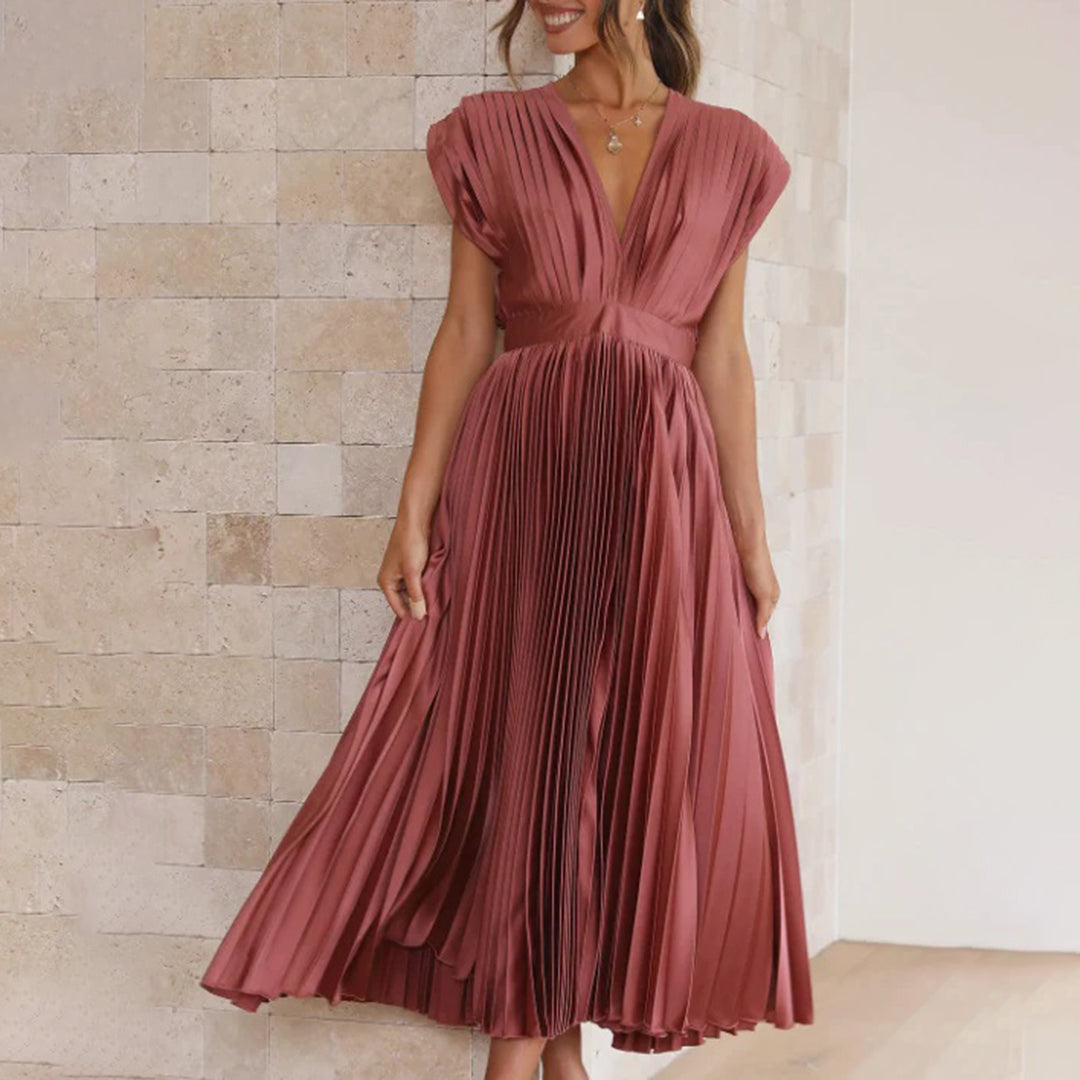 Pleated chiffon midi dress for women with a deep V-neck