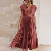 Pleated chiffon midi dress for women with a deep V-neck