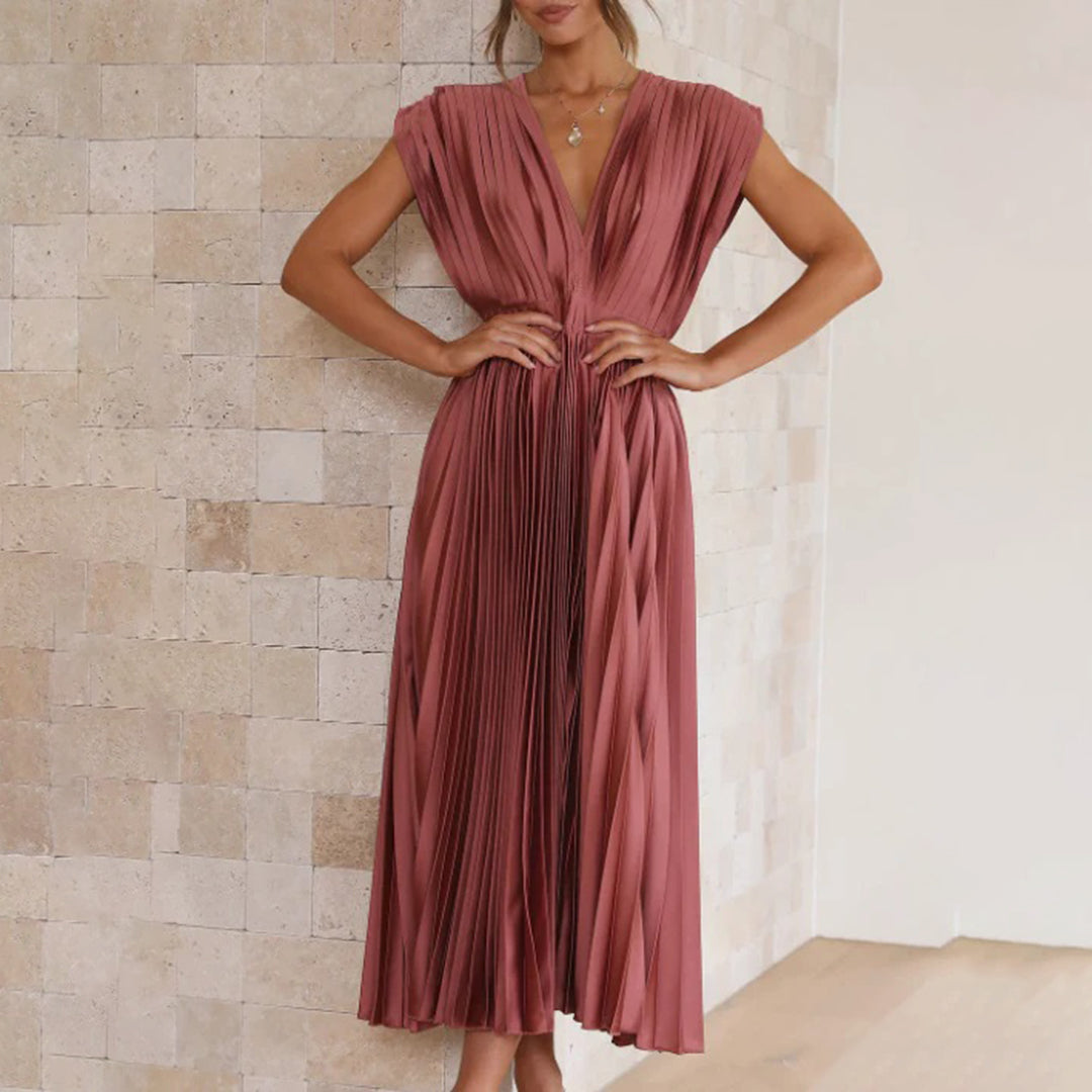 Pleated chiffon midi dress for women with a deep V-neck