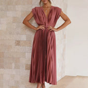 Pleated chiffon midi dress for women with a deep V-neck