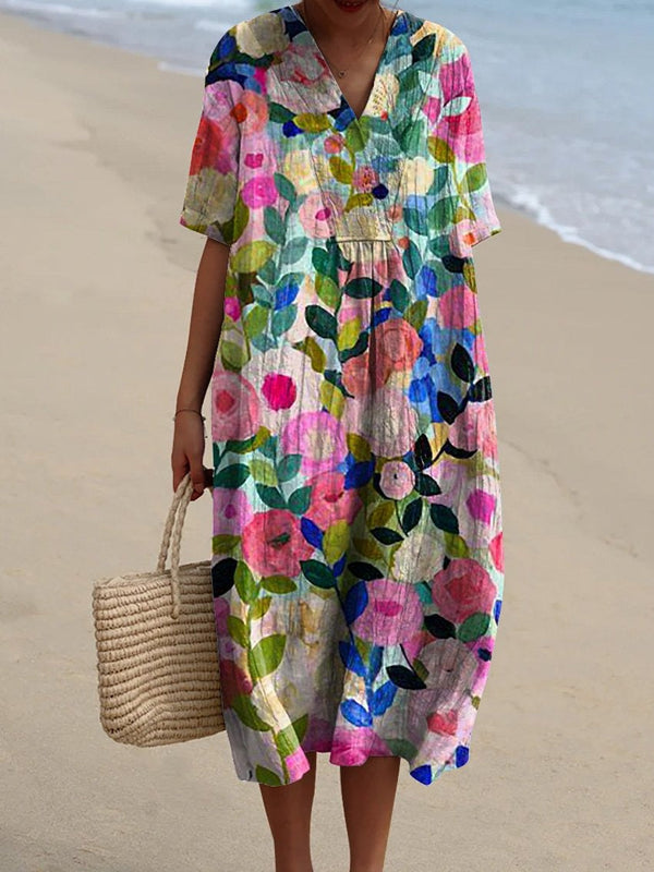 Women's Cotton Dress with Round Neckline and Floral Pattern