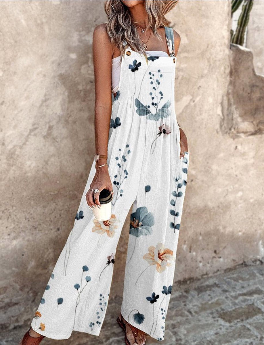 Damen-Jumpsuit mit Rundhalsausschnitt und botanischem Muster