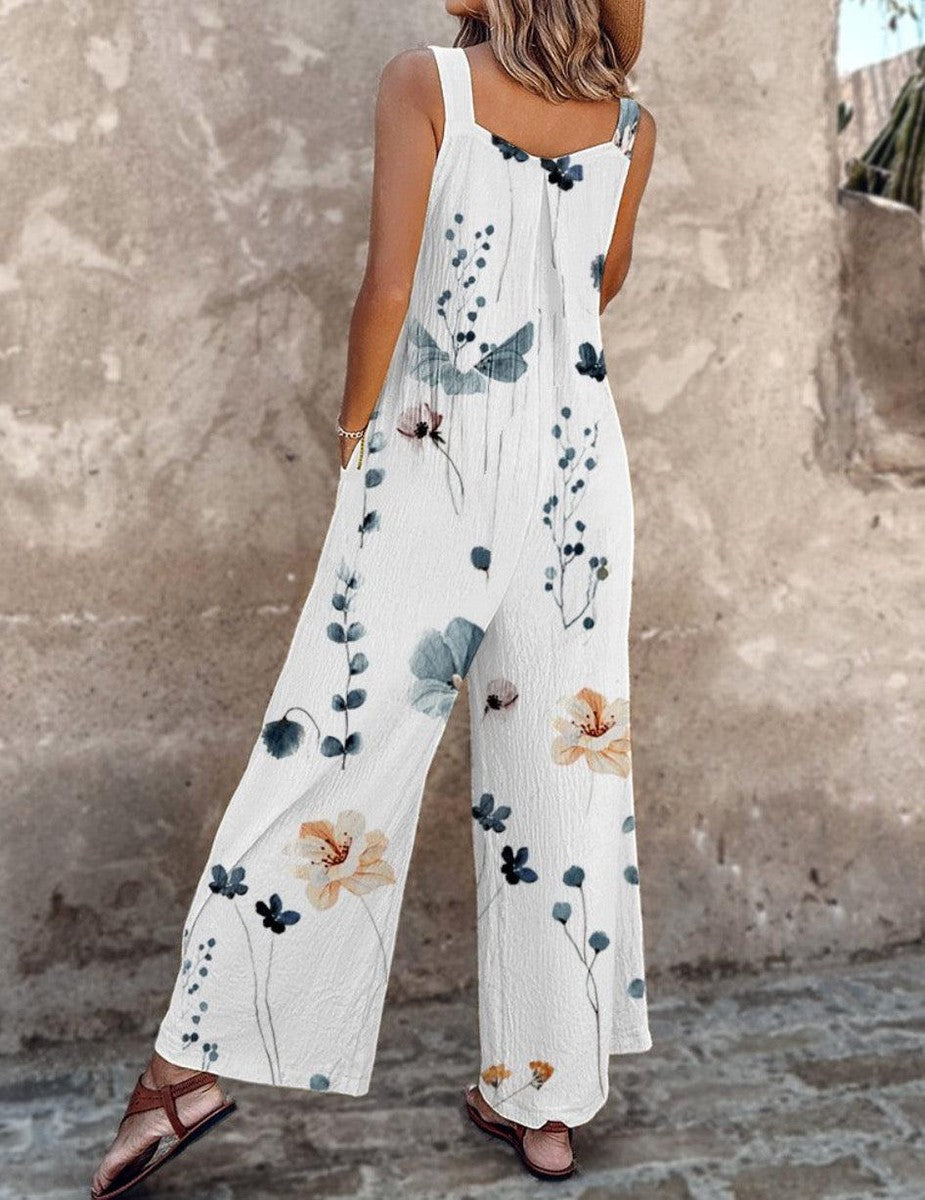 Damen-Jumpsuit mit Rundhalsausschnitt und botanischem Muster
