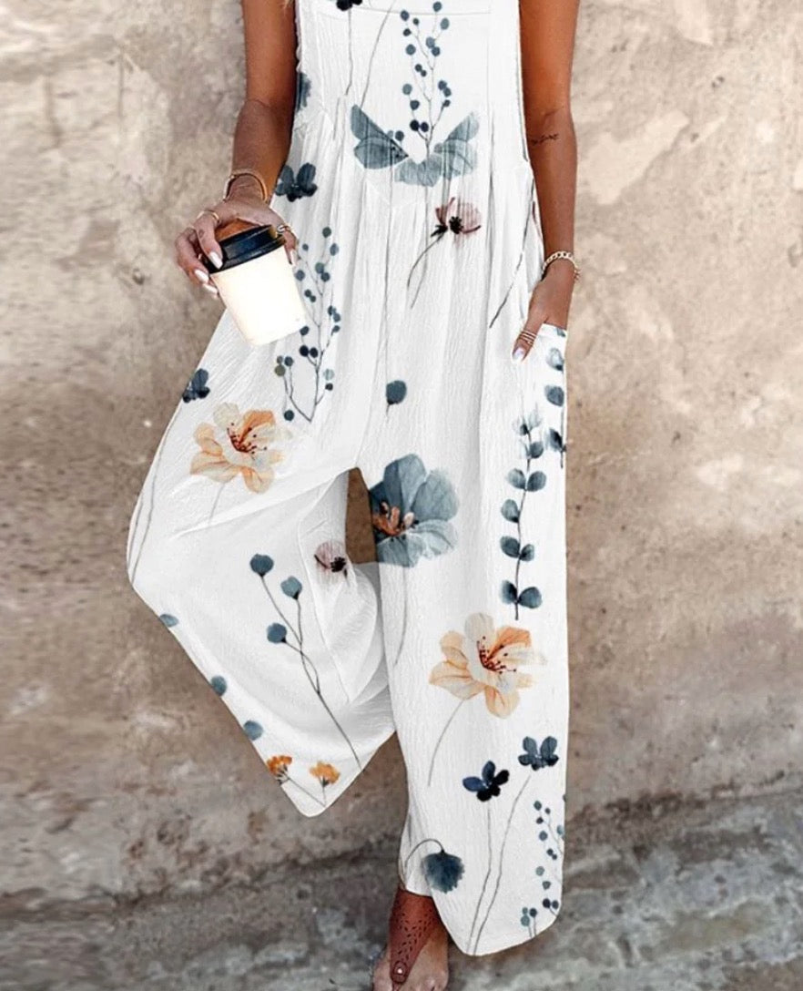 Damen-Jumpsuit mit Rundhalsausschnitt und botanischem Muster