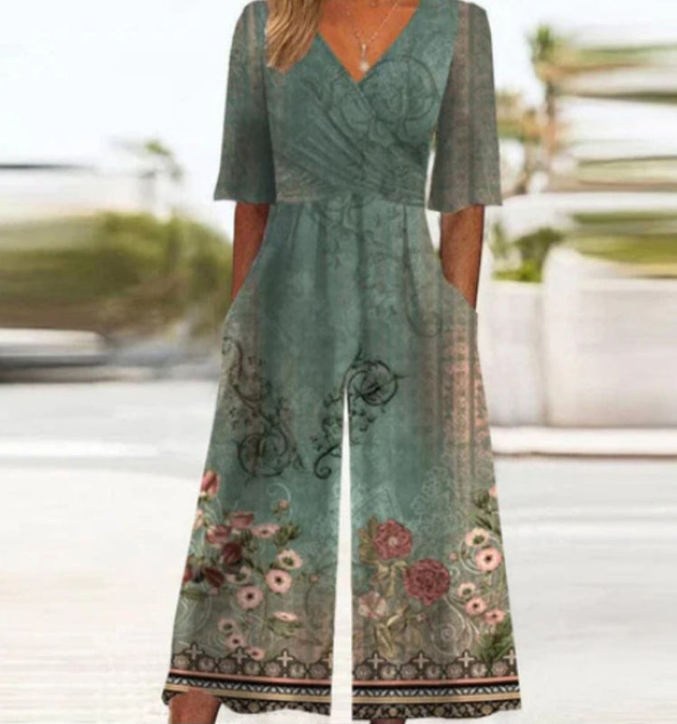 Women's round-neck wide-leg jumpsuit