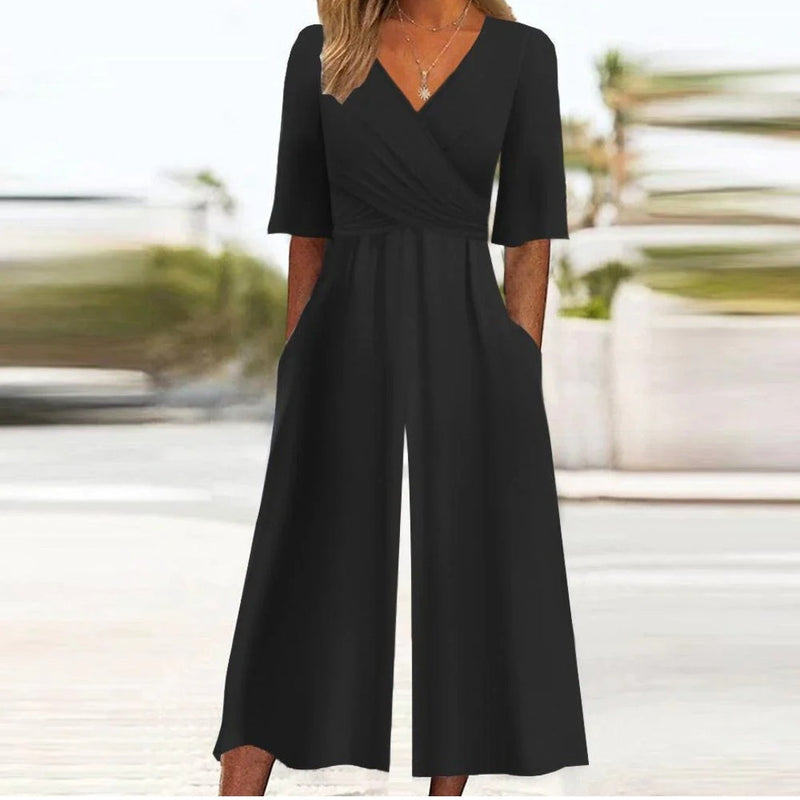 Women's round-neck wide-leg jumpsuit