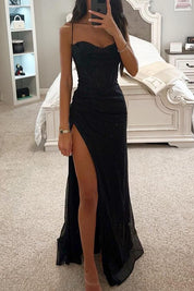 Women's maxi dress with spaghetti straps and front slit