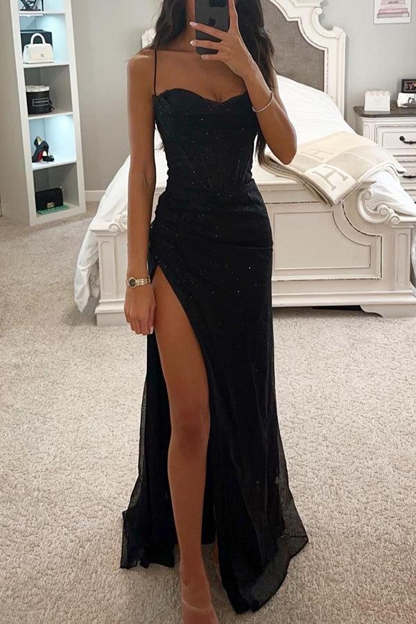 Women's maxi dress with spaghetti straps and front slit
