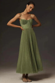 Women's Midi Dress with Bustier Top and Pleated Skirt