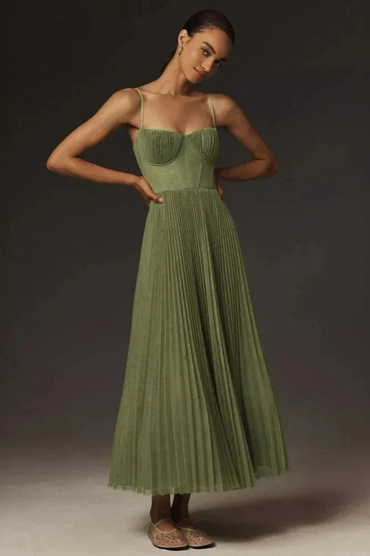 Women's Midi Dress with Bustier Top and Pleated Skirt