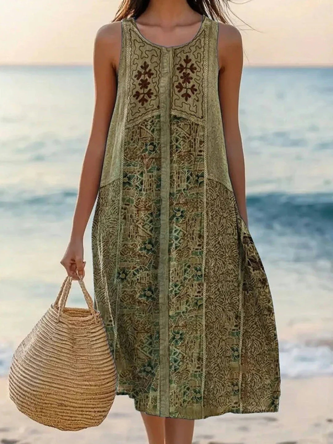 Women's Crew Neck Floral Embroidered Midi Dress