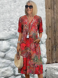 Women's Midi Dress with Colorful Pattern - Red / S