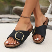 Damen-Slip-On-Sandalen mit breitem Schnallenriemen und offener Zehenpartie