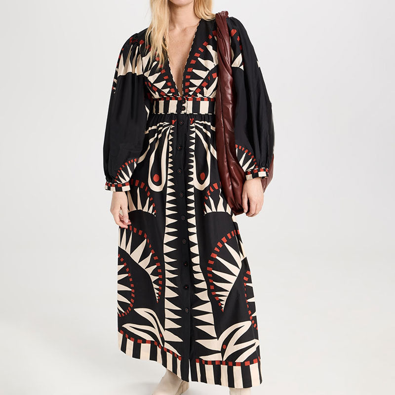 Women's maxi dress with V-neck and waistband