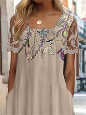Women's Midi Dress with Square Neckline and Lace Details