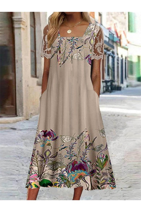Women's Midi Dress with Square Neckline and Lace Details