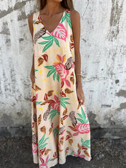 Women's Maxi Dress with V-Neck and Leaf Print