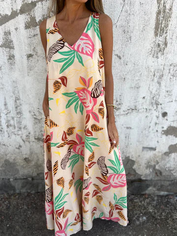 Women's Maxi Dress with V-Neck and Leaf Print