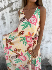 Women's Maxi Dress with V-Neck and Leaf Print