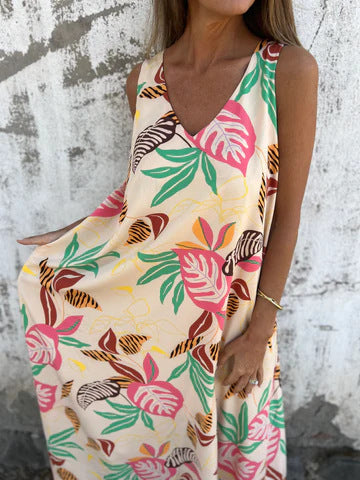 Women's Maxi Dress with V-Neck and Leaf Print