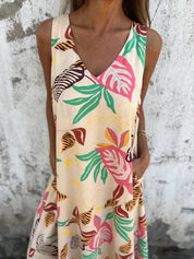 Women's Maxi Dress with V-Neck and Leaf Print