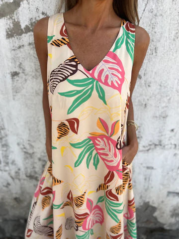 Women's Maxi Dress with V-Neck and Leaf Print