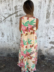 Women's Maxi Dress with V-Neck and Leaf Print