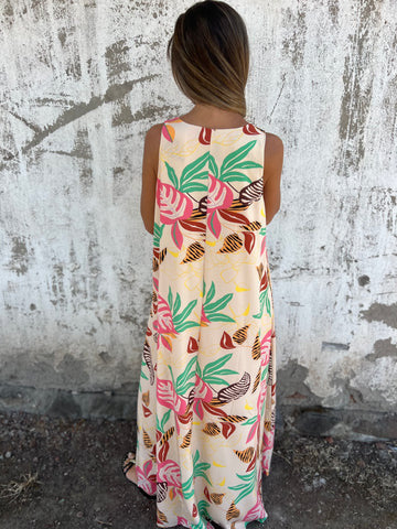 Women's Maxi Dress with V-Neck and Leaf Print